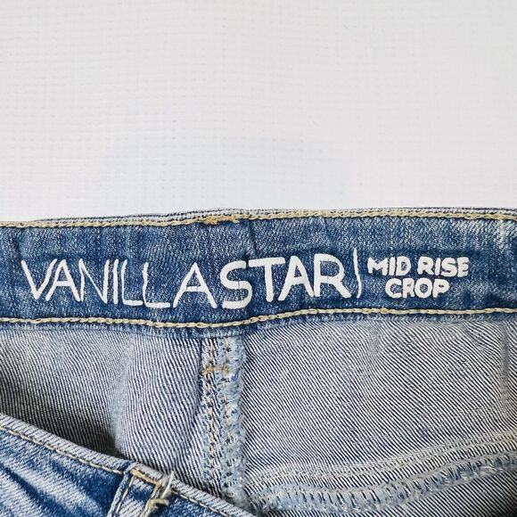 Vanilla Star Women's Blue Mid Rise Crop Distressed Stretch Jeans Size 9 School - Picture 5 of 11